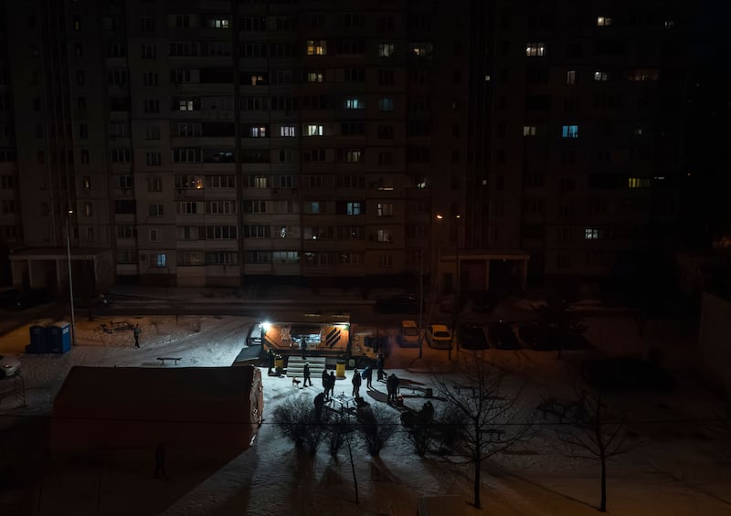 Residents gather at a mobile kitchen in Kyiv on Wednesday. Photograph: Maxym Marusenko/EPA