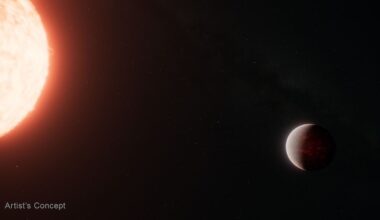 Atmosphere on lava planet: Brownish planet with lighter spots in its atmosphere with its bright whitish sun nearby.