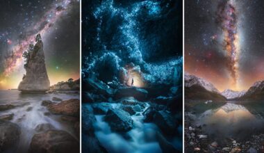A triptych of night landscapes: a rocky seashore with a glowing Milky Way, a person standing in a glowing blue cave, and a mountain lake reflecting the colorful Milky Way overhead.