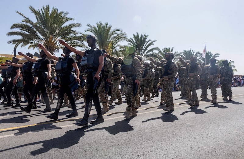 Soldiers parade on Independence Day in the Cypriot capital, Nicosia. Photograph: Iakovos Hatzistavrou/AFP