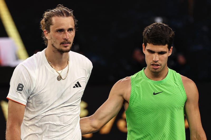 Spain's Carlos Alcaraz greets Germany's Alexander Zverev after winning. Photograph: Izhar Khan/Getty