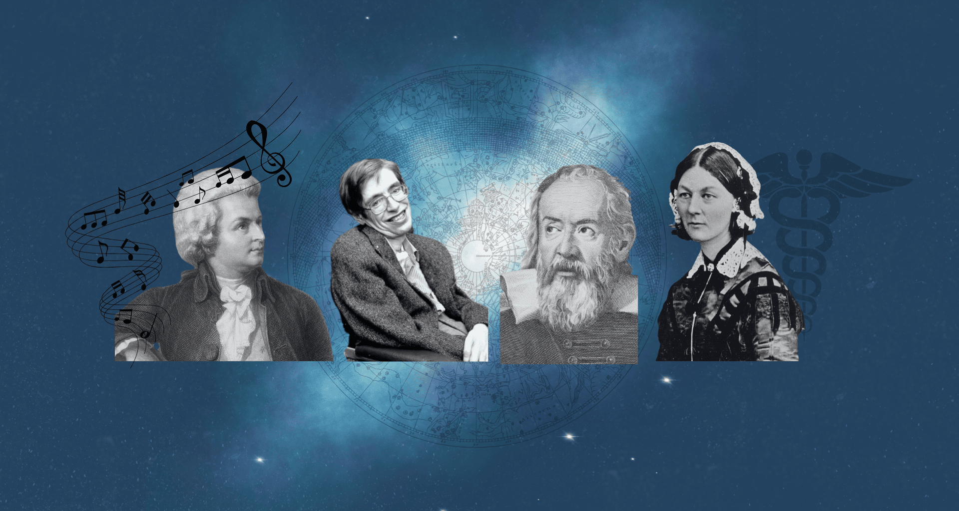 collage of Mozart, Hawking, Gallieo, Nightingale
