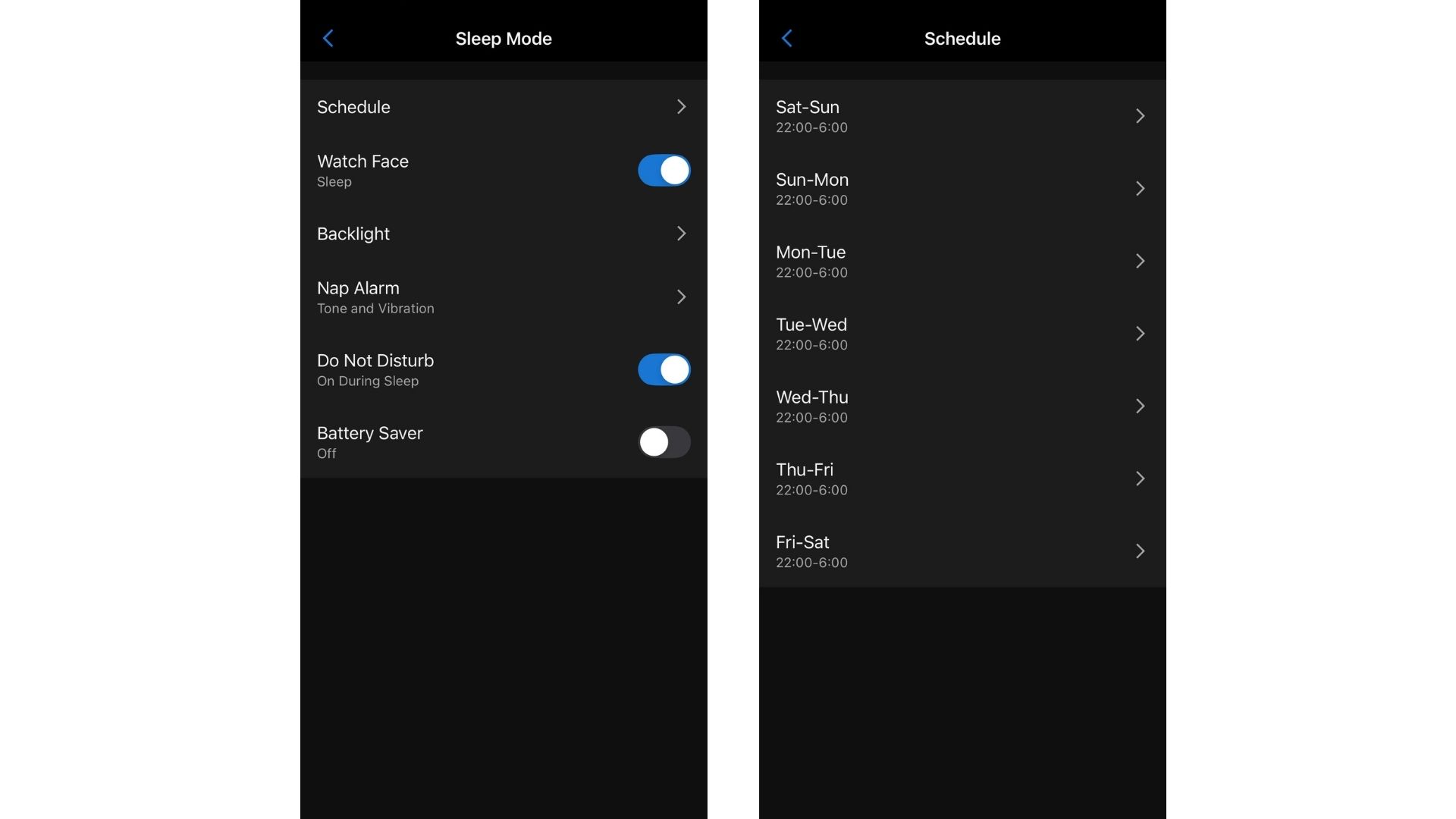 Screenshot of Garmin Sleep Mode settings