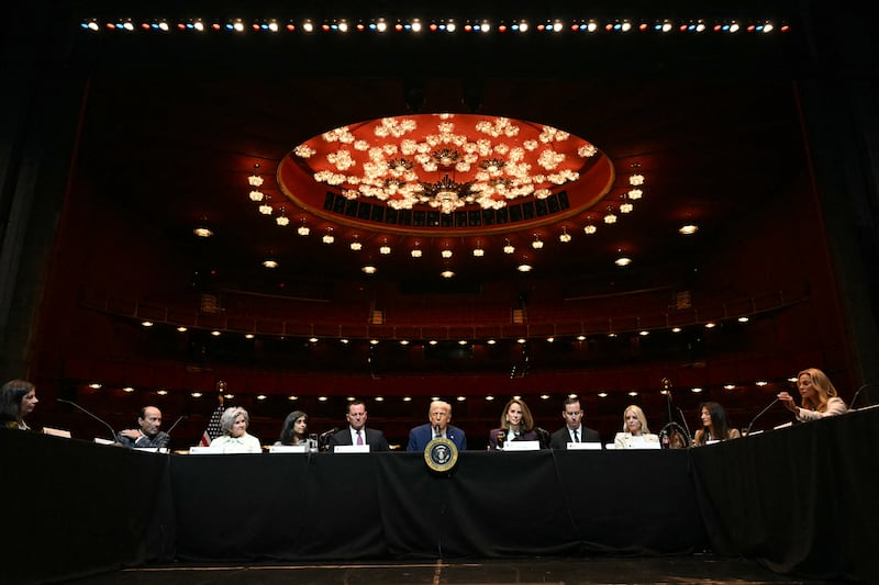 resident Donald Trump (C) presides over a board meeting at the John F. Kennedy Center for the Performing Arts in Washington, DC, on March 17, 2025.