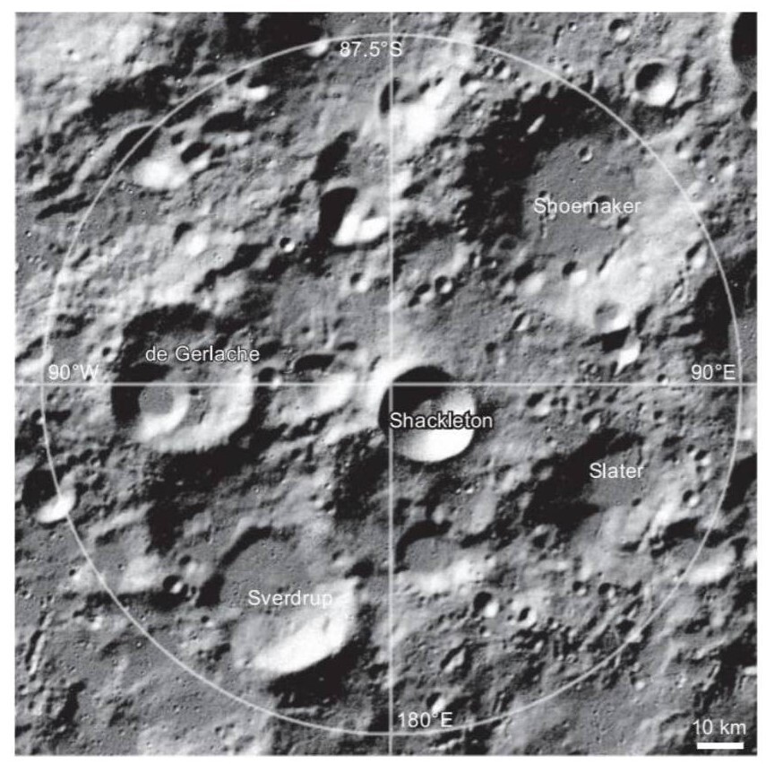 An image of various craters on the moon with their labels, such as Shackleton crater near the center with white crosshairs across the image.