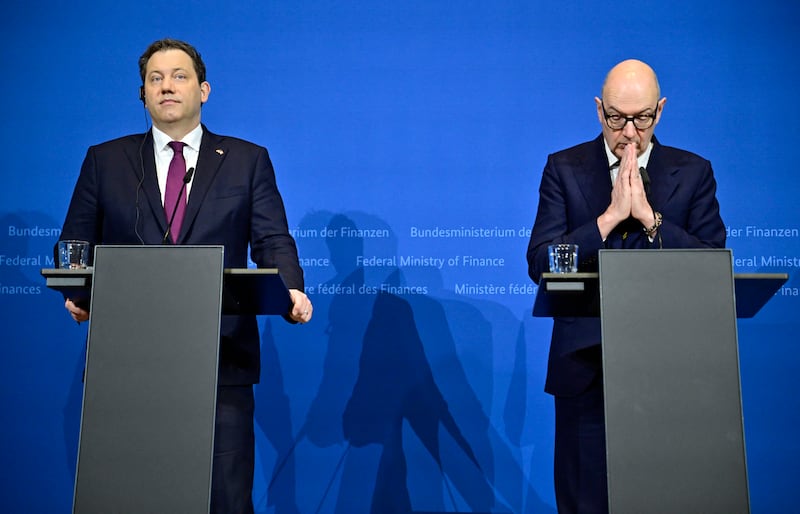 German finance minister Lars Klingbeil and his French counterpart Roland Lescure give a joint statement on Monday in Berlin. 
Photograph: John MacDougall/AFP via Getty Images