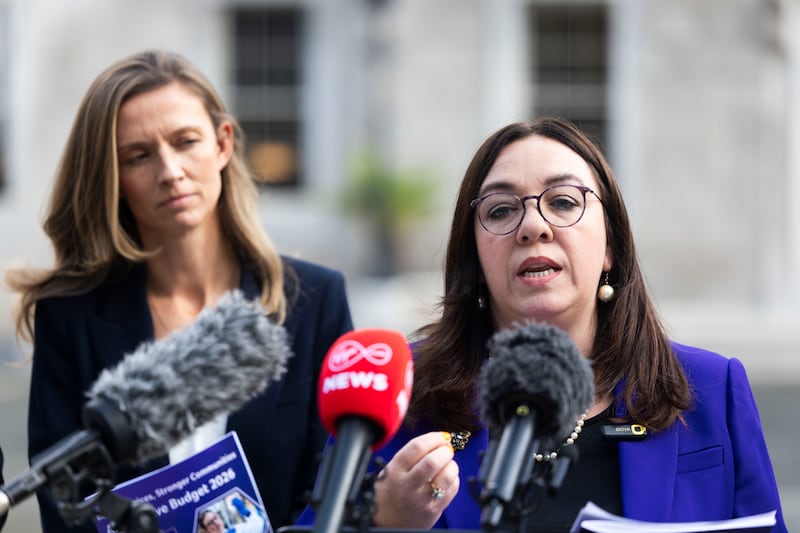 Social Democrats TD Jen Cummins speaks to the media about the party's alternative budget as party leader Holly Cairns looks on. Photo: Sam Boal/Collins Photos 

