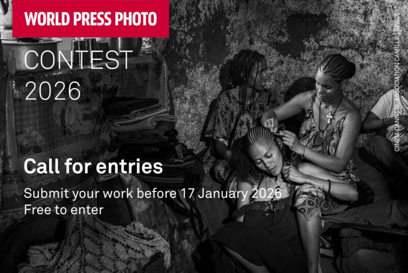Two women braid another woman's hair in a dimly lit room with textured walls. The image promotes the World Press Photo Contest 2026, announcing a call for entries with a submission deadline of 17 January 2026.
