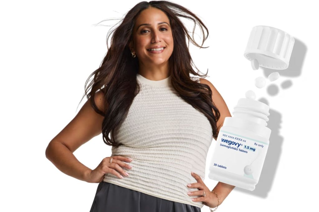 A collage of a woman and a bottle of Wegovy pills.