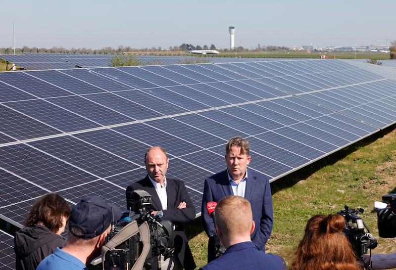 Jacobs (left) and Minister for Transport Darragh O’Brien at the official opening of Dublin Airport’s solar farm in 2025. Photograph: Alan Betson
