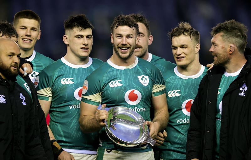 Caelan Doris  with teammates after defeating Scotland during the Guinness Six Nations 2025. Photograph: David Rogers/Getty Images