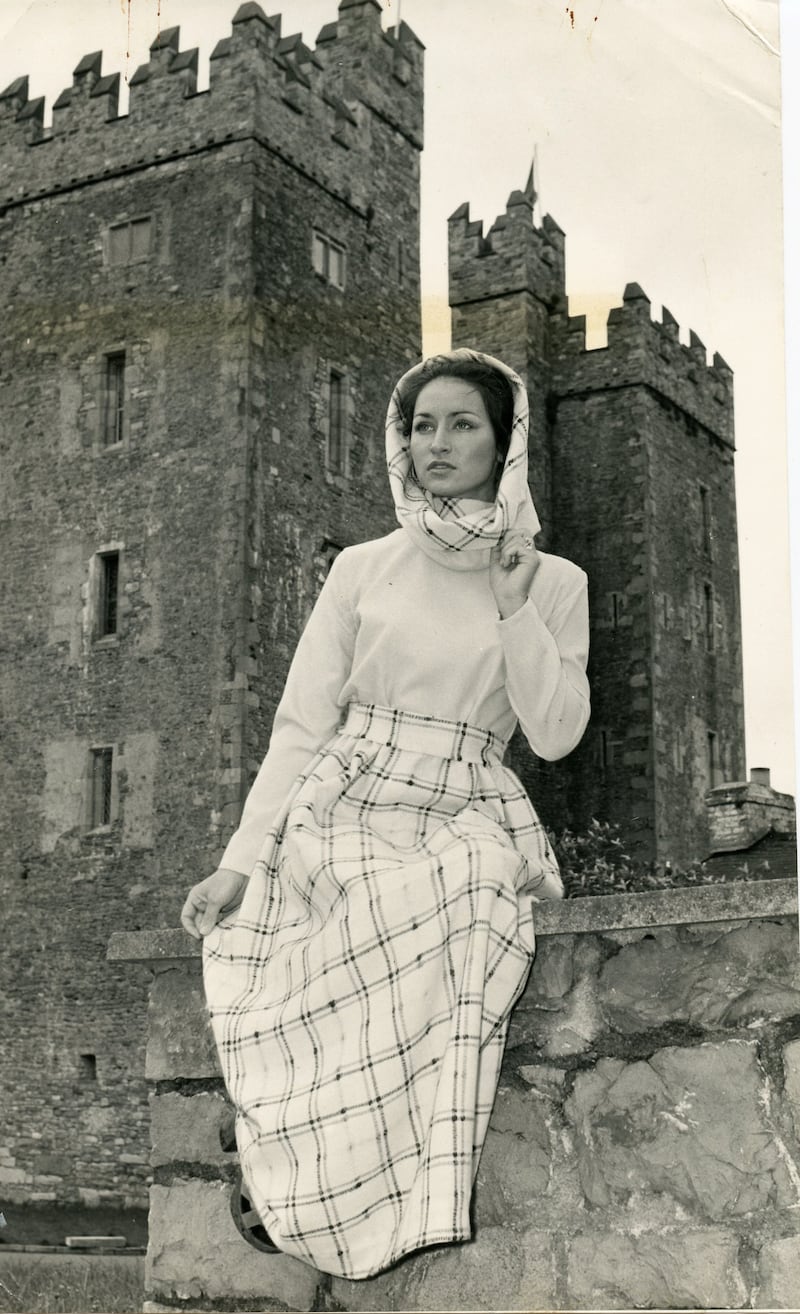 Celia modelling an outfit from designer Vonnie Reynolds at Bunratty Castle in the 1960s