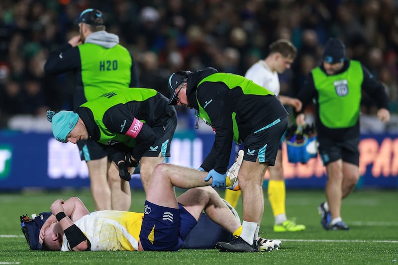 Jack Boyle receives medial treatment during Leinster's URC game against Connacht at the Dexcom Stadium on Saturday. Photograph: James Crombie/Inpho