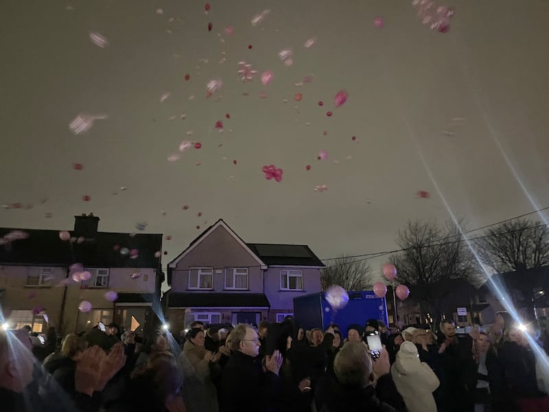 Pink balloons are released in Finglas in memory of Grace Lynch. Photograph: Gráinne Ní Aodha/PA Wire
