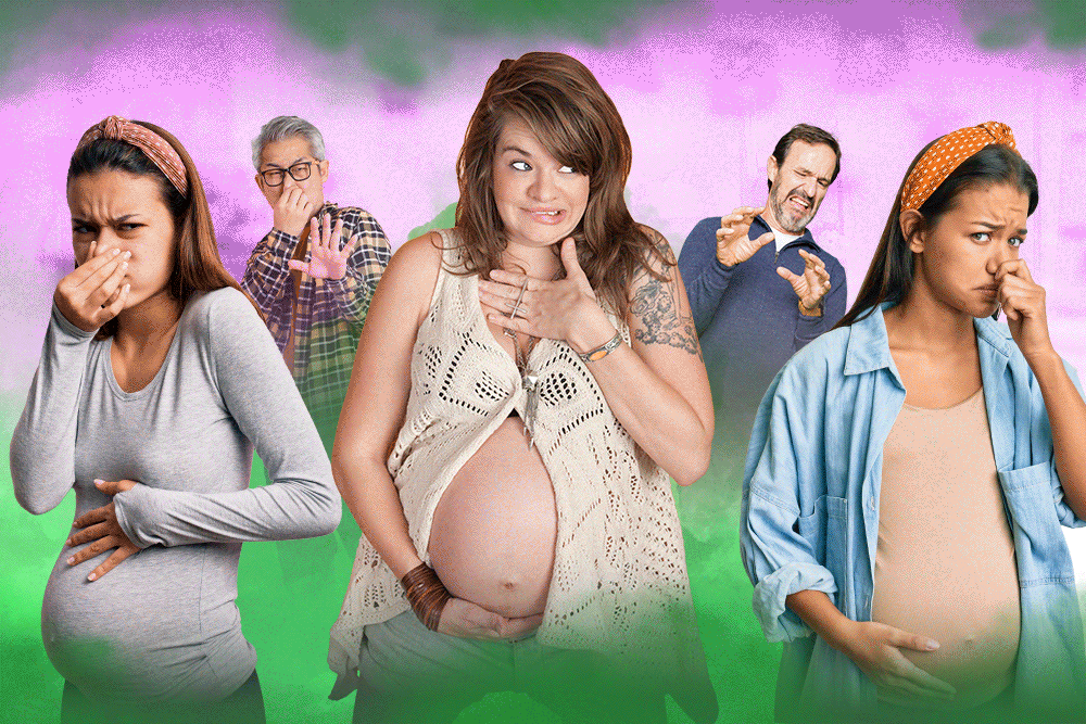graphic showing a pregnant woman holding her belly with a green cloud behind her and an embarrassed look on her face