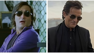 Akshaye Khanna in Tees Maar Khan (left) and in Dhurandhar (right).