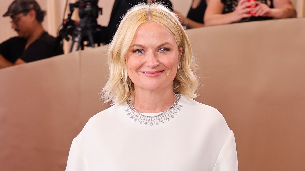 Amy Poehler wearing a white top and diamond necklace at the 2026 Golden Globes.