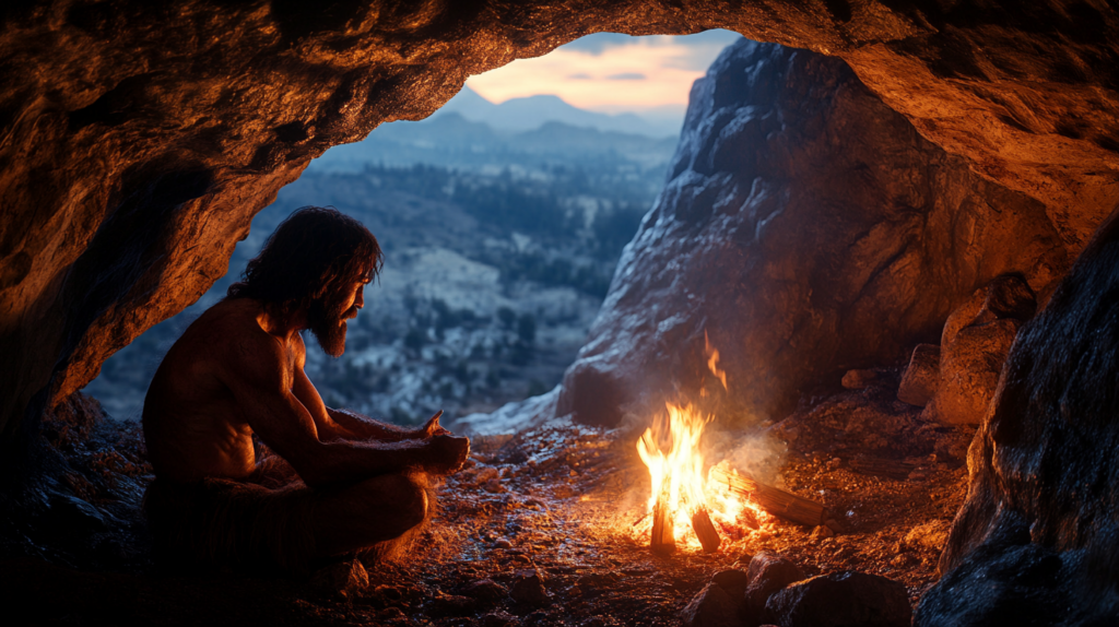 Neanderthal in cave. AI image.