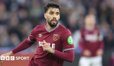 West Ham's Lucas Paqueta in action against Aston Villa in December 2025. He has black hair and a beard. West Ham's shirt is claret with the club badge on the left breast and Umbro logo on the right.