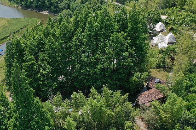 patchwork exterior of 'cat house' in china's anji forest is clad in discarded bamboo tiles