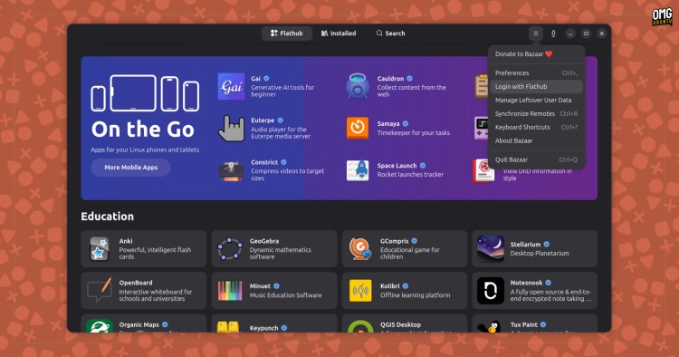 Bazaar menu showing the login with Flathub account option.