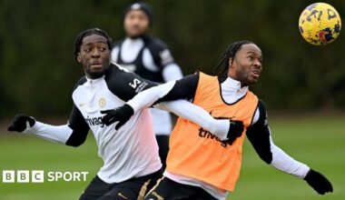 Axel Disasi and Raheem Sterling tussle for the ball