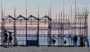 bamboo scaffolding constructs temporary coastal theater in china