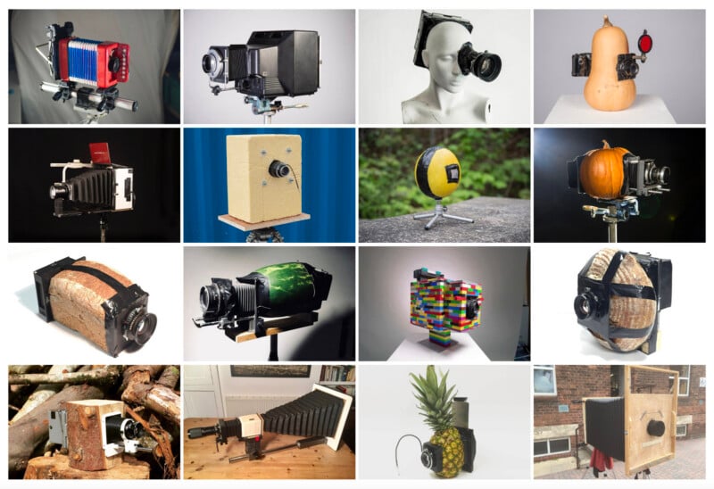 A collage of 15 unusual homemade cameras, each built using creative materials like fruits, vegetables, wood, LEGO bricks, and household objects, all shown mounted on tripods or stands.