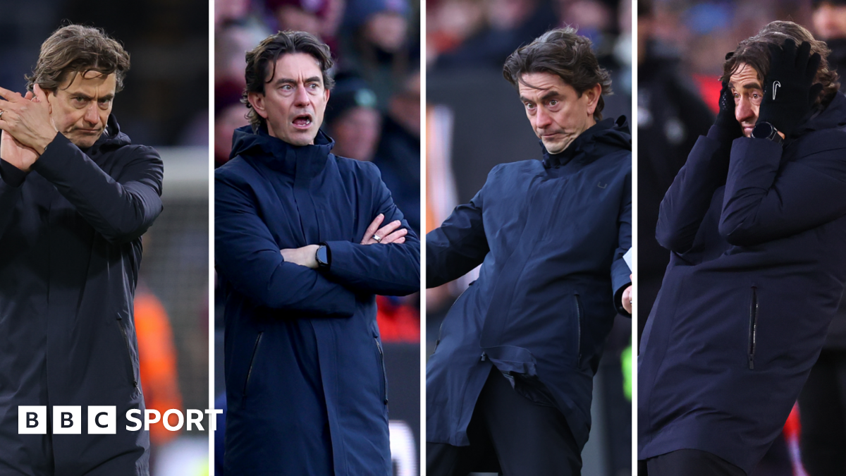 A split image showing four pictures of Thomas Frank reacting during Tottenham's Premier League game at Burnley