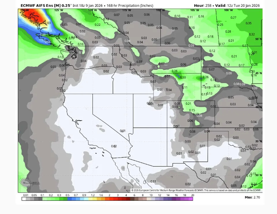 Long-range forecast models show almost no precipitation for the entire West Coast through Jan. 20. (WxBell )