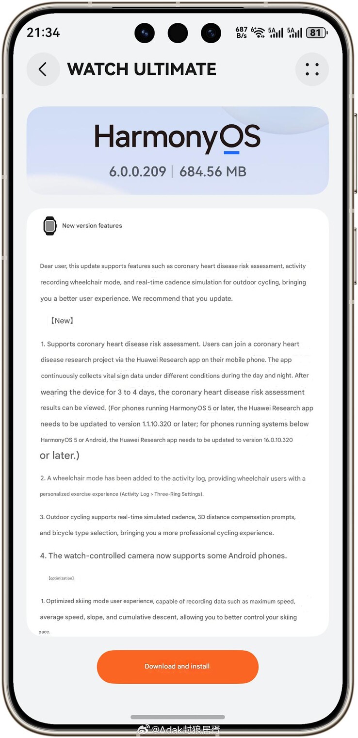 The release notes for the HarmonyOS 6.0.0.209 update for the Huawei Watch Ultimate 2. (Image soure: Weibo, machine translated via Google Translate)