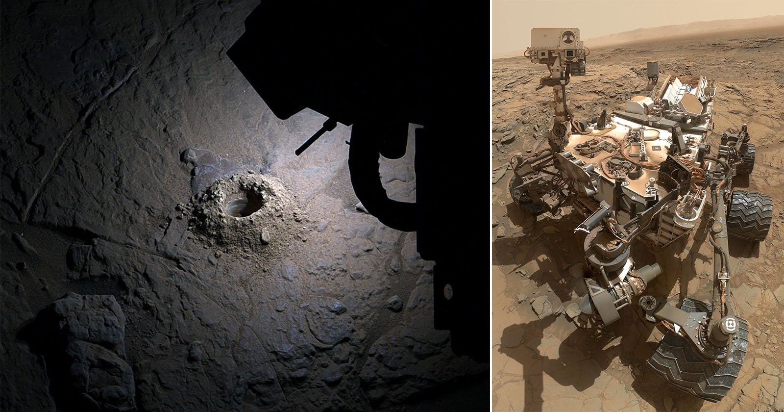 Split image: Left shows a drilled hole in rocky Martian soil; right shows NASA’s Curiosity rover on Mars' surface, equipped with scientific instruments and cameras, with a dusty, rocky landscape in the background.