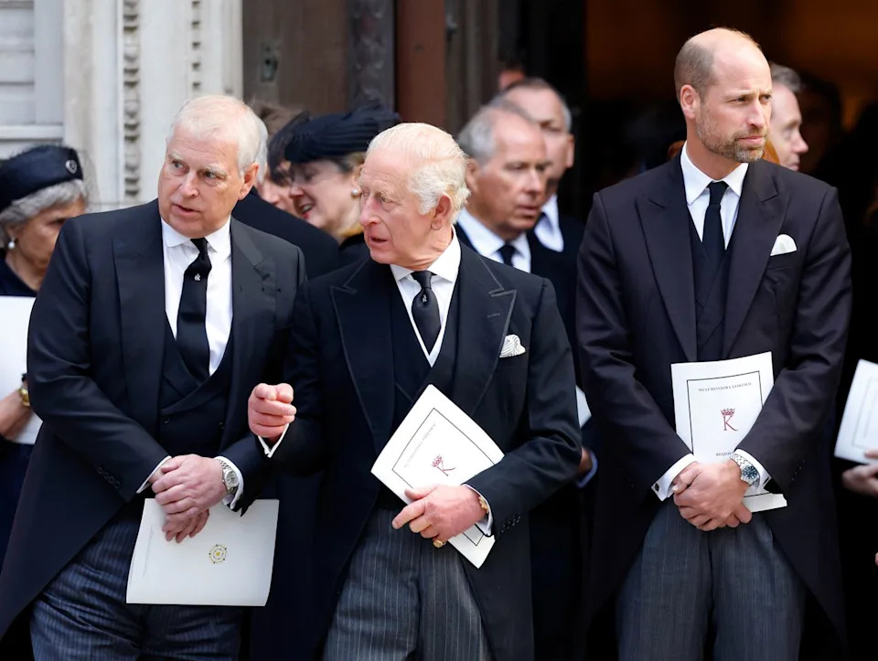 Andrew Mountbatten-Windsor, King Charles III, and Prince William at the funeral of Katharine, Duchess of Kent in September 2025. Getty Images