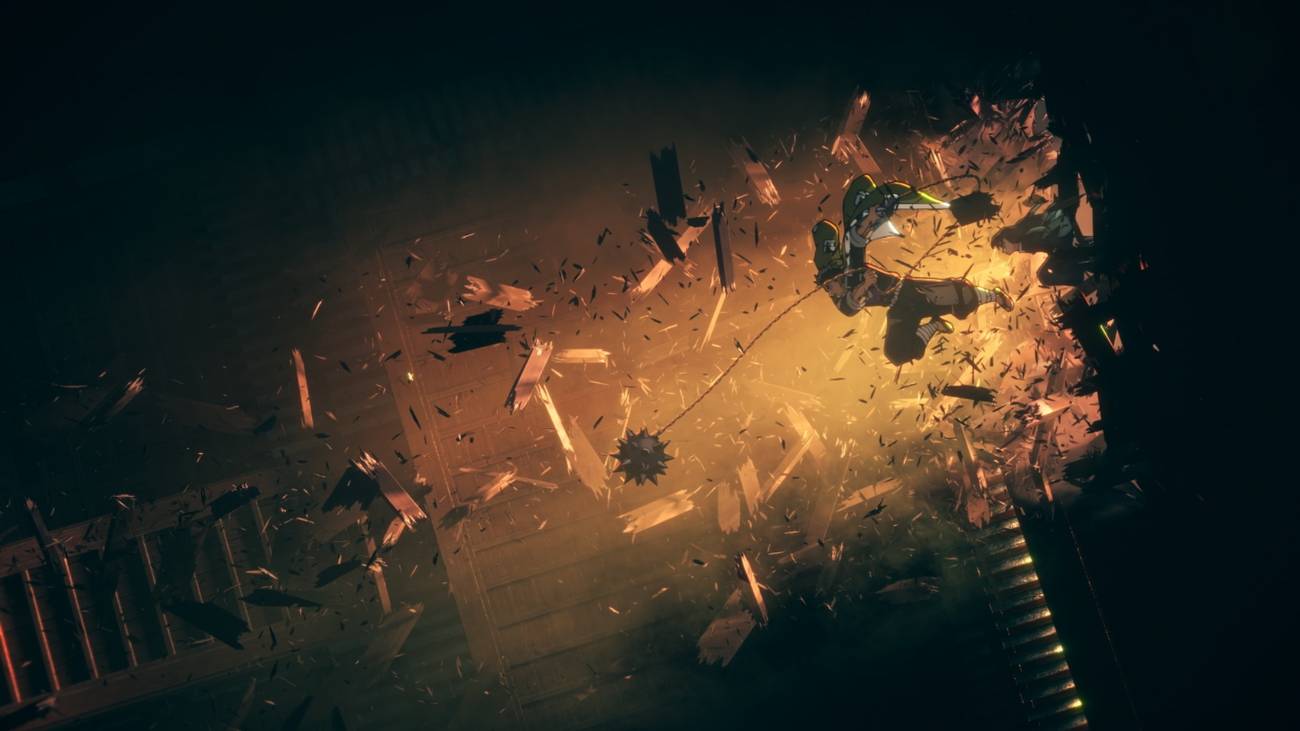 Gyomei busting through a wooden wall with his weapon in Demon Slayer Infinity Castle