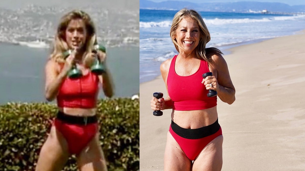 A side-by-side photo of Denise Austin wearing a two-piece black and red workout suit while holding weights.