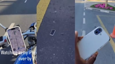 A biker’s phone fell from a bike mount and was run over by 7 cars, but it survived the impact and still functioned. (Instagram/dxbonthrottle)