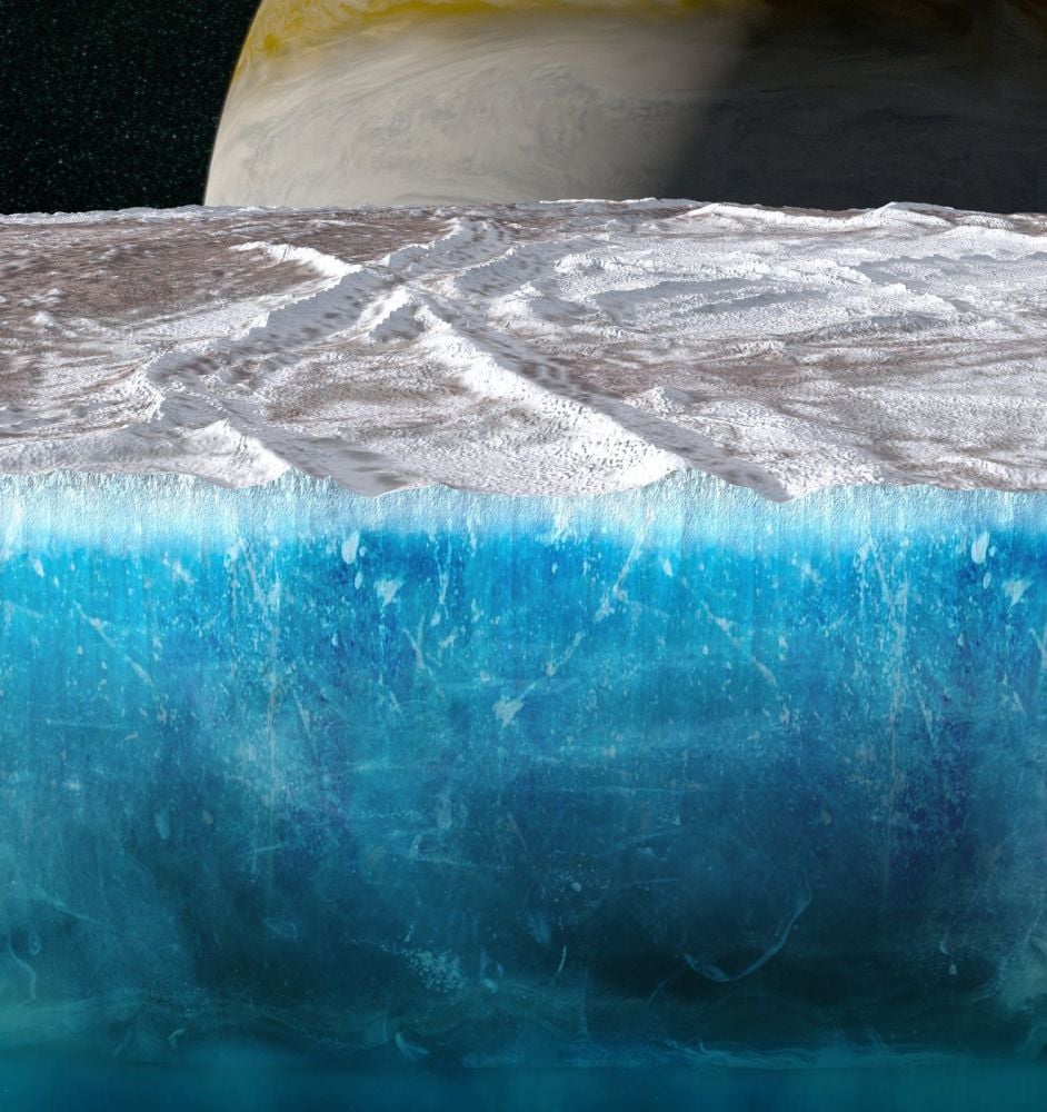This illustration shows a cut-away view of Europa's icy shell, with the gas giant Jupiter in the background. New research shows that the icy shell is up to 39 km thick. That's a significant barrier to life-supporting surface chemicals reaching the ocean. Image Credit: NASA/JPL-Caltech/SwRI/Koji Kuramura/ Gerald Eichstädt (CC BY)