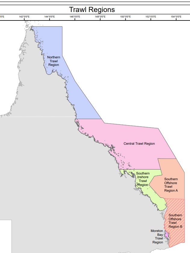 A map of Queensland's scallop fishery trawl regions. 