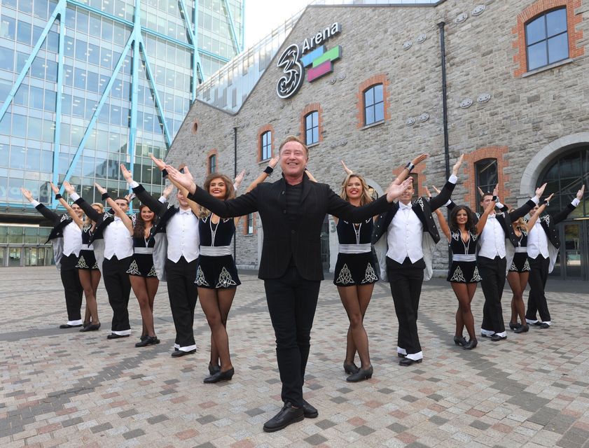 Michael Flatley with dancers at the 3Arena at an Irish launch of Lord of the Dance in 2024