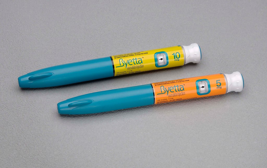 Byetta diabetes drug injection pens in 5 mcg and 10 mcg doses.