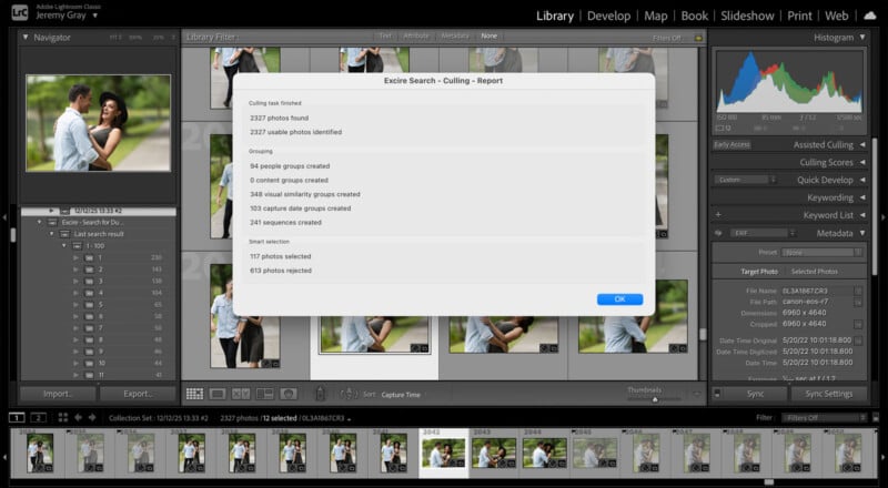 A Lightroom screen shows an image culling report popup, listing stats such as 2027 new photos found and 89.6% photos rejected, over a grid of wedding or engagement photo thumbnails of a couple outdoors.