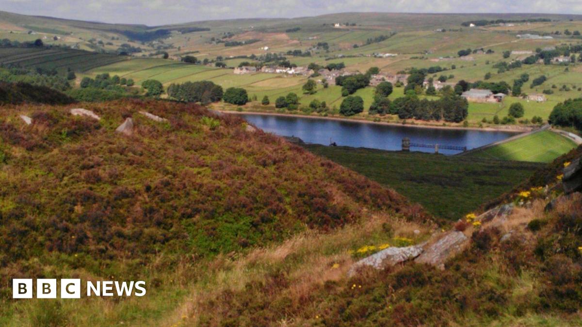 A reservoir sits in a valley. The hills around it are picturesque and sunlit.