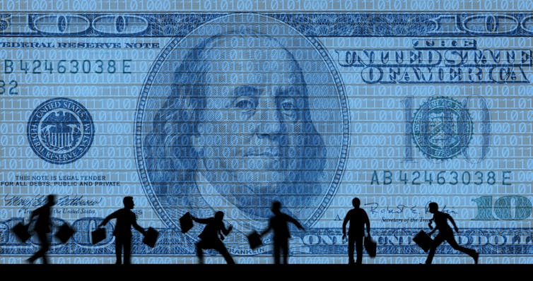 Graphic of blue 100-dollar bill covered in ones and zeroes looming over silhouetted people holding bags and briefcases.