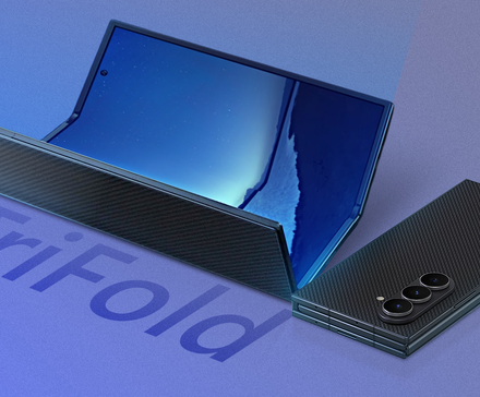 Galaxy Z TriFold device displayed partially unfolded, alongside the phone folded back, on a purple background.