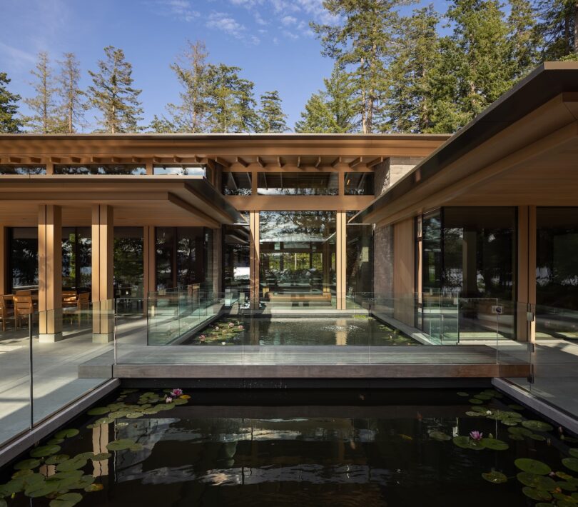 Modern house with large glass walls, wooden beams, and a central courtyard featuring a reflective pond with water lilies, surrounded by tall trees under a blue sky.