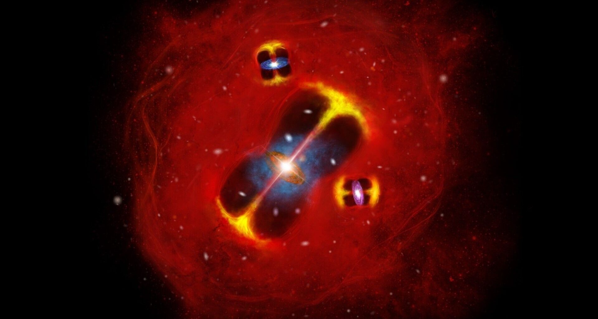 An illustration of a galaxy cluster with red swirls of gas and dust on the outside of a series of bright dots of stars