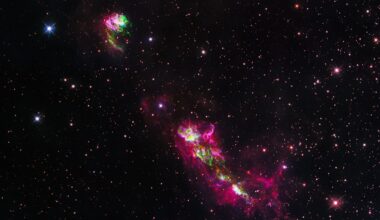 Narrow, knotted clouds of purple and green glowing gas are seen against a field of stars. Some of the larger stars have diffraction spikes.