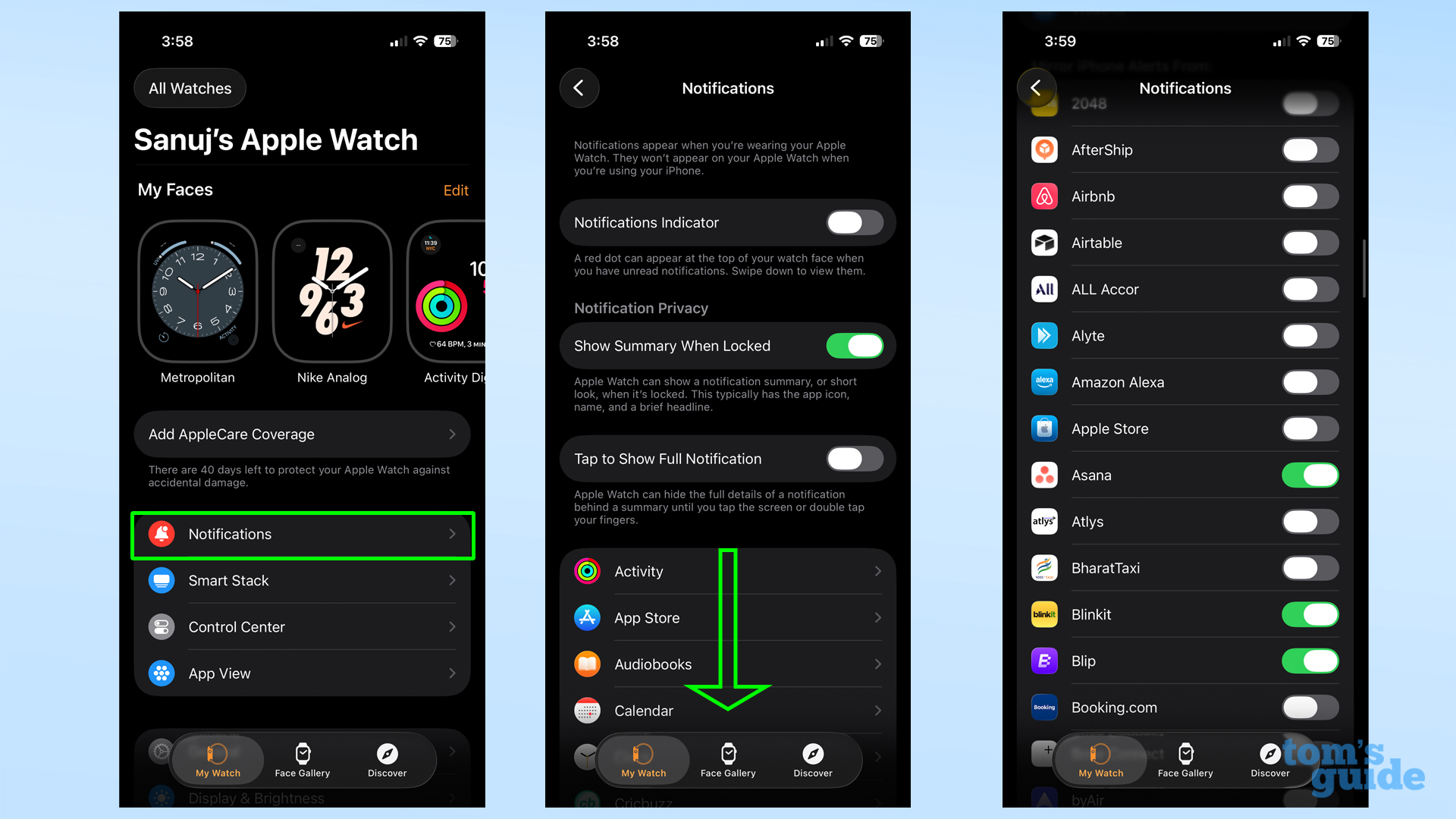 Apple Watch settings adjusting allowed notifications