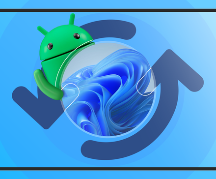 Illustration of the Android mascot hugging a circular Windows 11 logo inside a large sync icon.-1