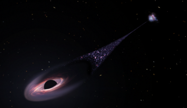 image of a colored disk on a dark background, with a trail of small bright objects behind it.